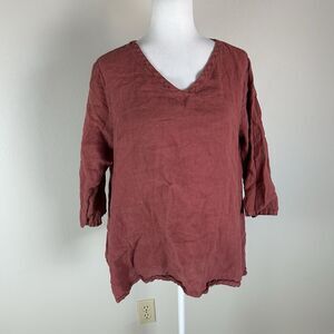 Match Point L Linen Tunic Top Pink Lagenlook Artsy Coastal Beach Natural Fiber